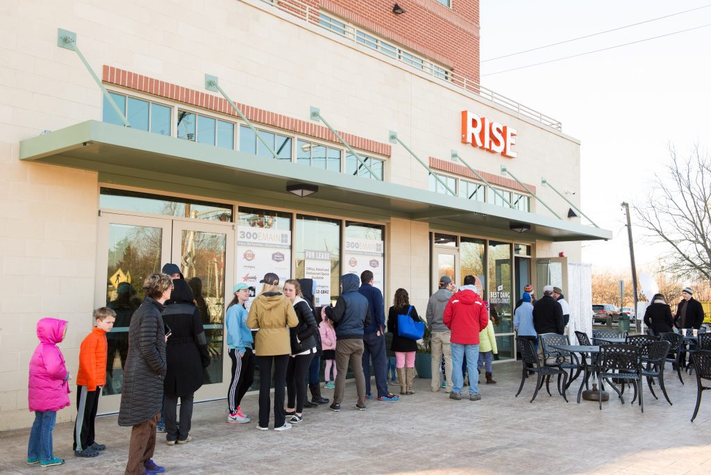 Rise Southern Biscuits with line in front of store.
