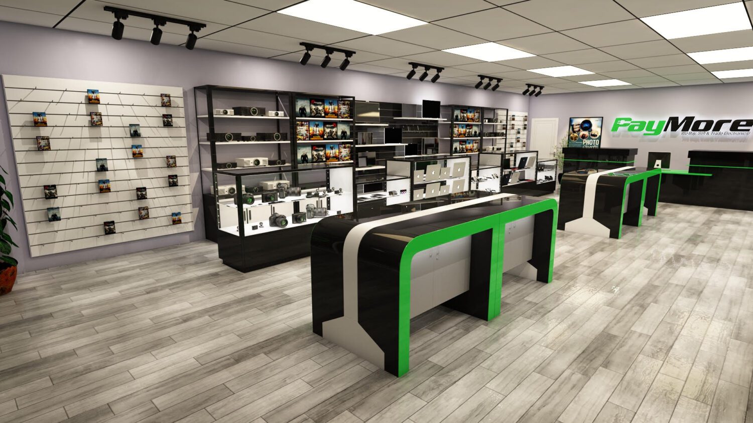 Interior image of a PayMore store, green and black counter, glass shelves along wall