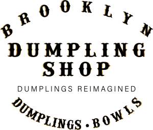 Brooklyn Dumpling Shop logo, with the words dumplings reimagined and dumplings, bowls 
