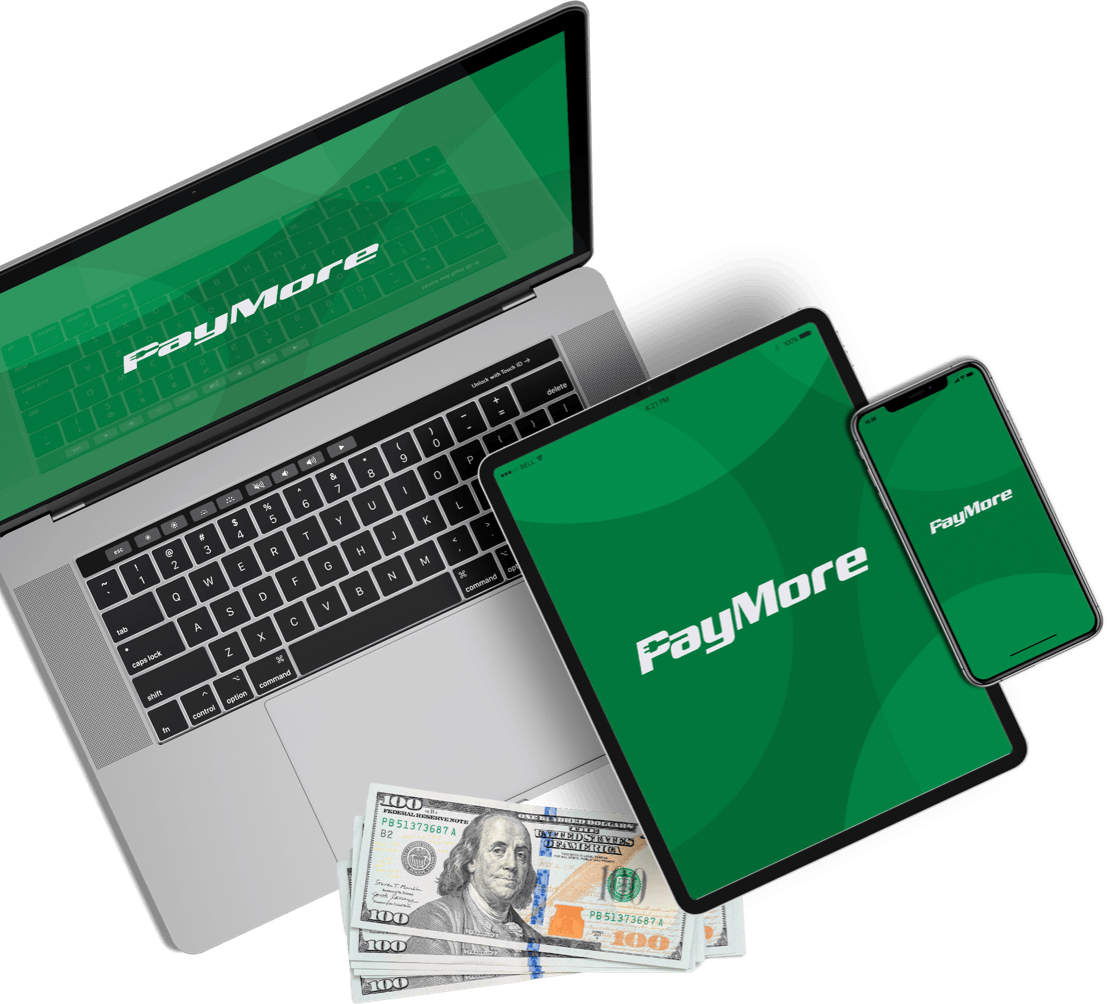 PayMore cash for devices Photo of laptop, tablet and mobile device with cash.
