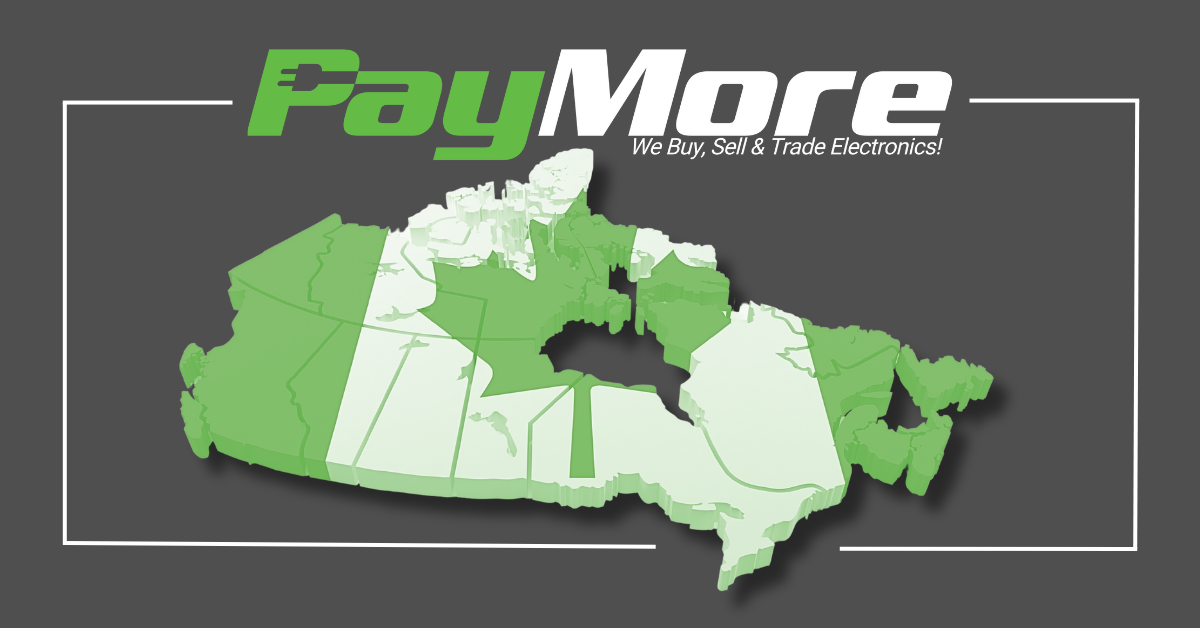 Map of Canada in green with highlighted regions, featuring the PayMore logo and the tagline 'We Buy, Sell & Trade Electronics!' on a dark background. PayMore Master Deal Canada.