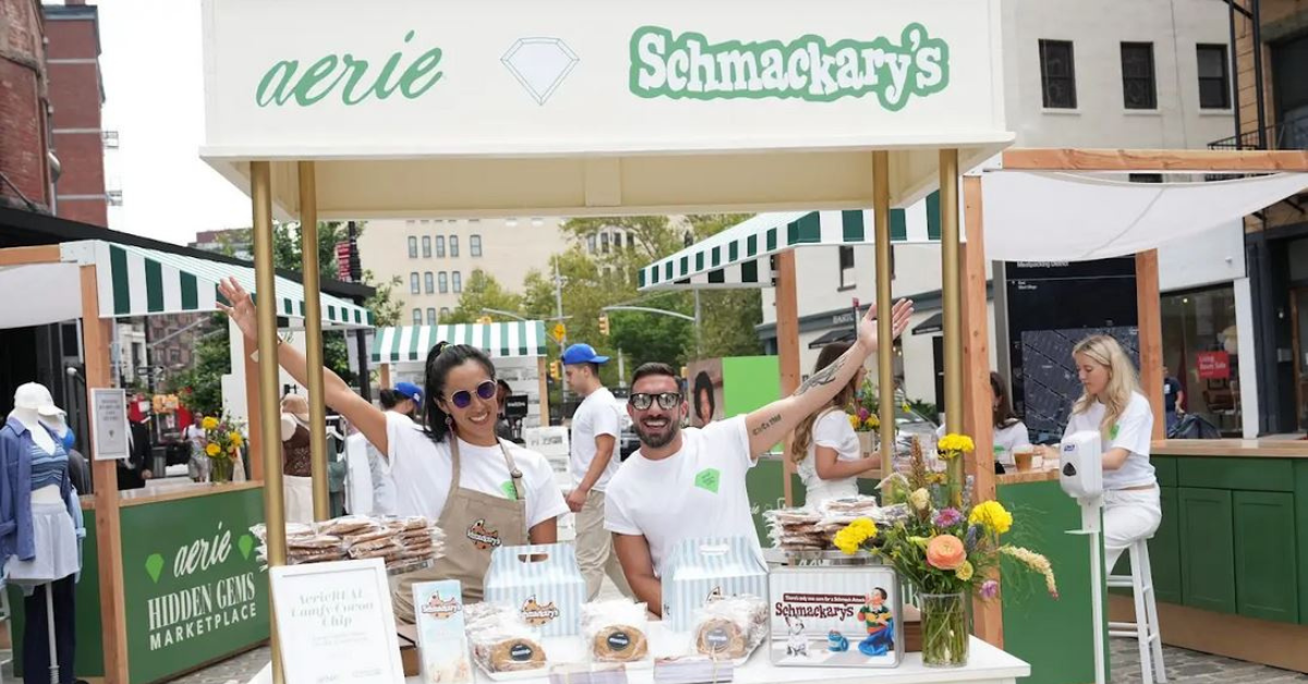 Schmackary's at Aerie catering event with cart of cookies and specialty branded items