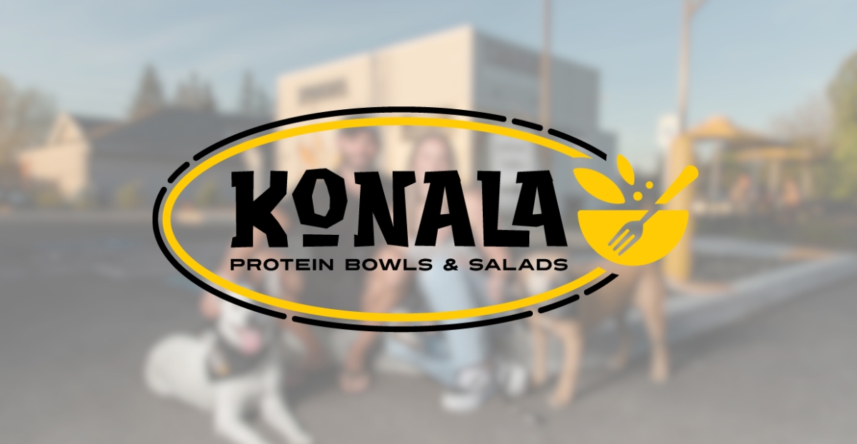 Konala Protein Bowls & Salads logo featuring a yellow and black design, with a stylized fork and bowl icon. The background shows a blurred image of a casual outdoor setting, at a Konala location. The logo emphasizes the healthy food offerings with a focus on protein bowls and salads.