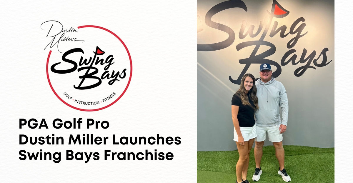 Dustin Miller, a PGA golf professional, standing next to a his wife in front of a large 'Swing Bays' logo on the wall. Both are dressed in golf attire, with Dustin wearing a hoodie and cap, and his wife in a black shirt and white shorts. The image promotes the launch of Dustin Miller's Swing Bays franchise, which focuses on golf, instruction, and fitness.