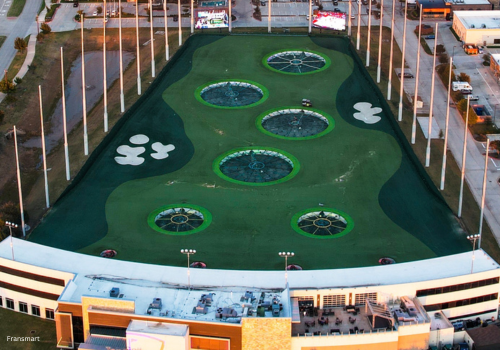 A big golfing facility showing an above view of a golf range