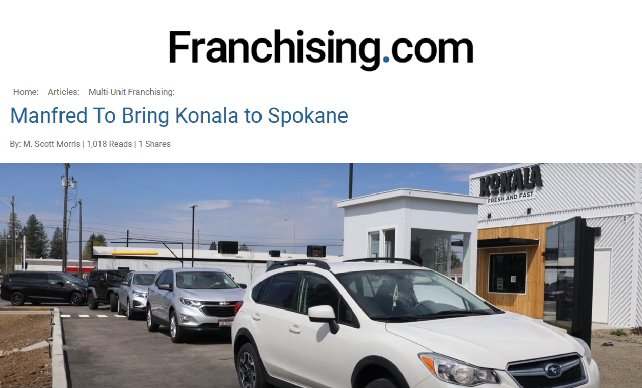 Franchising.com logo with article title and picture of konala drive thru with full line of cars