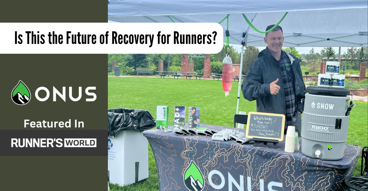 onus iv therapy franchise featured in runner's world blog graphic showing an onus table at a running event