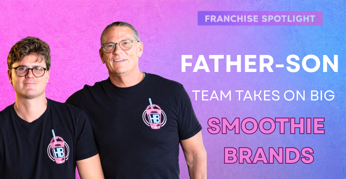 ‘s Blog Images Template -FS Version-4 Father and son founders of HB Protein Smoothies standing together in branded t-shirts against a colorful gradient background