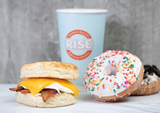 Rise Southern Biscuits breakfast franchise sandwich, coffee and donut.